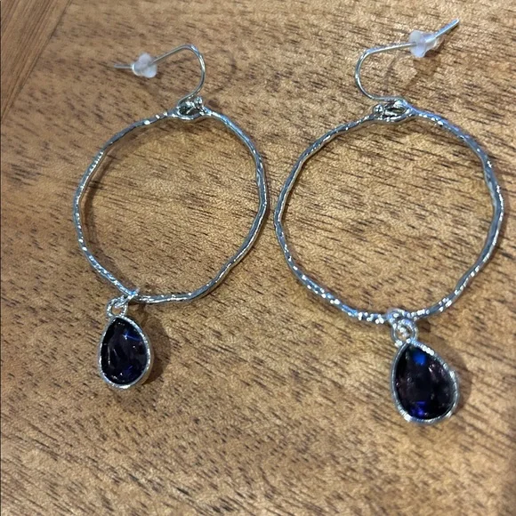 Purple -Textured Silver Hoop Drop Earrings Dark Purple Charm Formal Casual Chic - Picture 6 of 11